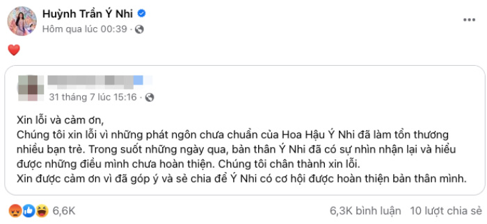 Bài đăng mới nhất trên trang Fanpage của hoa hậu Ý Nhi