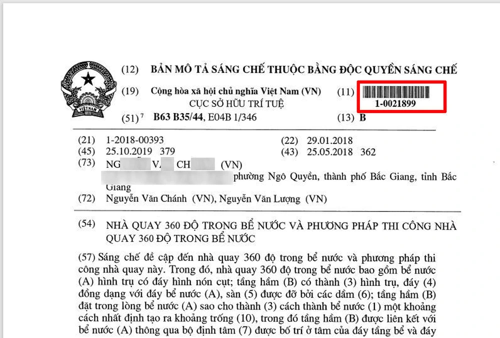 Bằng độc quyền sáng chế số 2189 do CSHTT cấp cho ông Ch. năm 2021 ((Ảnh: Cổng thông tin điện tử Cục Sở hữu Trí tuệ)