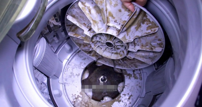 Phần đế bên dưới máy giặt cũng chứa khá nhiều bụi bẩn