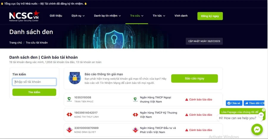 Người dùng truy cập vào trang web của dự án Tín nhiệm mạng của Trung tâm Giám sát An toàn Không gian mạng quốc gia để tra cứu thông tin số tài khoản mình muốn (Ảnh minh hoạ)