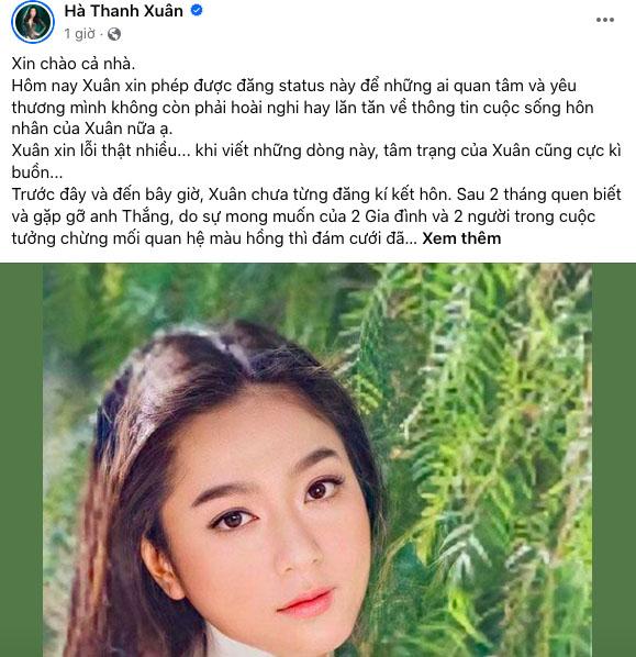 Hà Thanh Xuân thông báo ly hôn với doanh nhân Thắng Ngô
