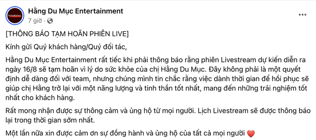 Hằng Du Mục thông báo hoãn phiên live vì lý do sức khoẻ