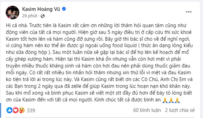 Bài đăng của Kasim Hoàng Vũ trên trang cá nhân