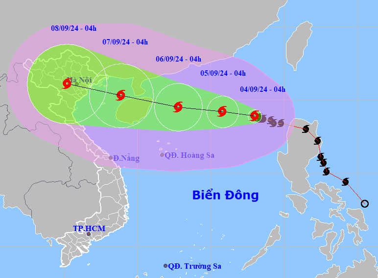 Dự báo về đường đi và vùng ảnh hưởng của bão YAGI (Nguồn: Trung tâm Dự báo Khí tượng Thuỷ văn Quốc gia)