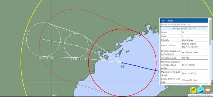 Dự báo hướng đổ bộ của bão số 3 (Yagi) theo nhận định của Cơ quan Khí tượng Nhật Bản gần trưa 7/9