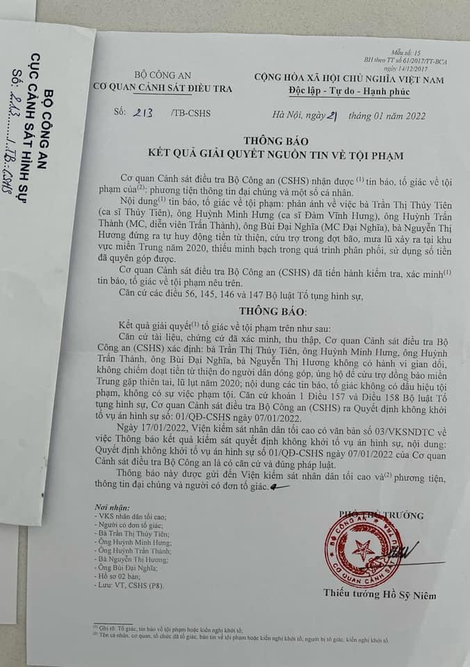 Ca sĩ Thủy Tiên chia sẻ lại thông báo kết quả giải quyết nguồn tin về tội phạm từ Cơ quan cảnh sát điều tra thuộc Bộ Công an