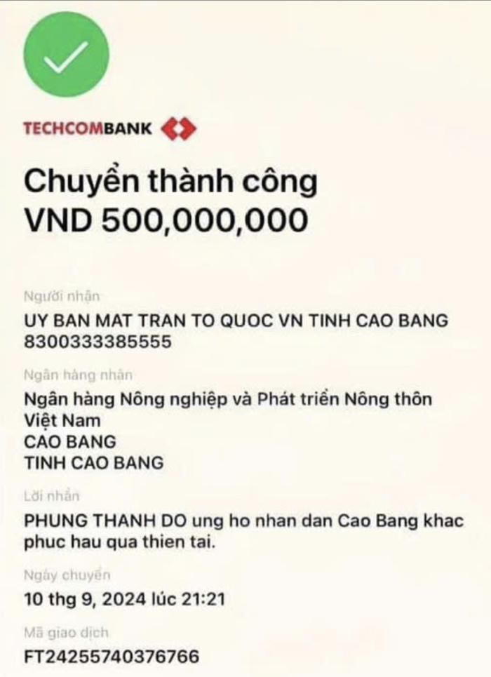 Trước đó, Độ Mixi cũng ủng hộ Ủy ban Mặt trận tổ quốc tỉnh Cao Bằng 500 triệu đồng