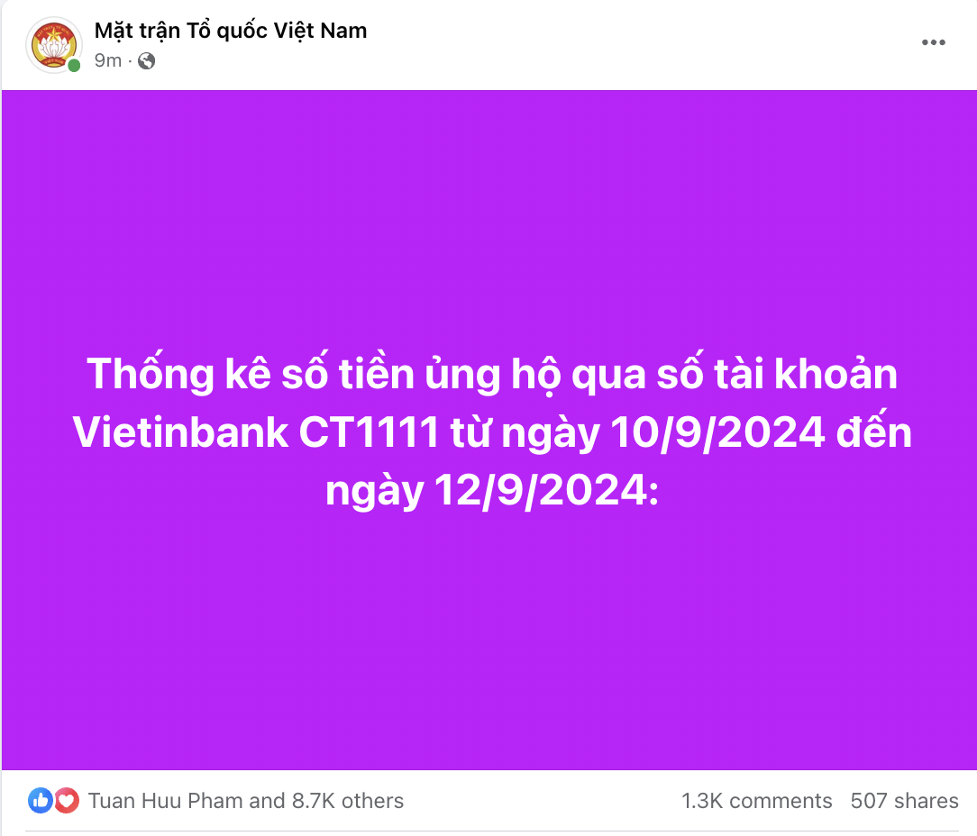 Ủy ban Mặt trận Tổ quốc Việt Nam tiếp tục công khai 2.009 trang sao kê từ thiện từ 10/9 đến 12/9