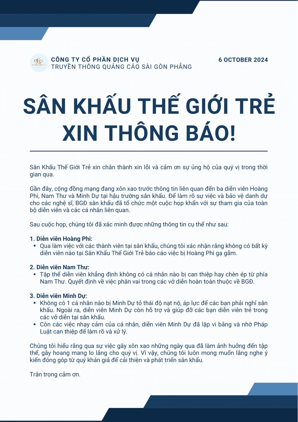 Sau cuộc họp khẩn, phía sân khấu Thế giới trẻ đưa ra phản hồi liên quan đến ồn ào Nam Thư, Minh Dự và Hoàng Phi bị tố