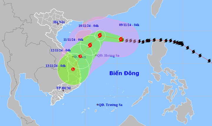 Dự báo đường đi, khu vực ảnh hưởng của bão số 7 (Ảnh: NCHMF)