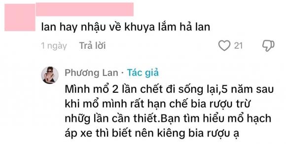 Phương Lan đã lên tiếng phản hồi về việc bị chồng cũ tố thường xuyên tụ tập, đi nhậu về khuya