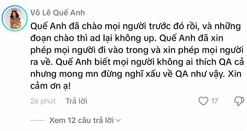 Hoa hậu Quế Anh lên tiếng thanh minh