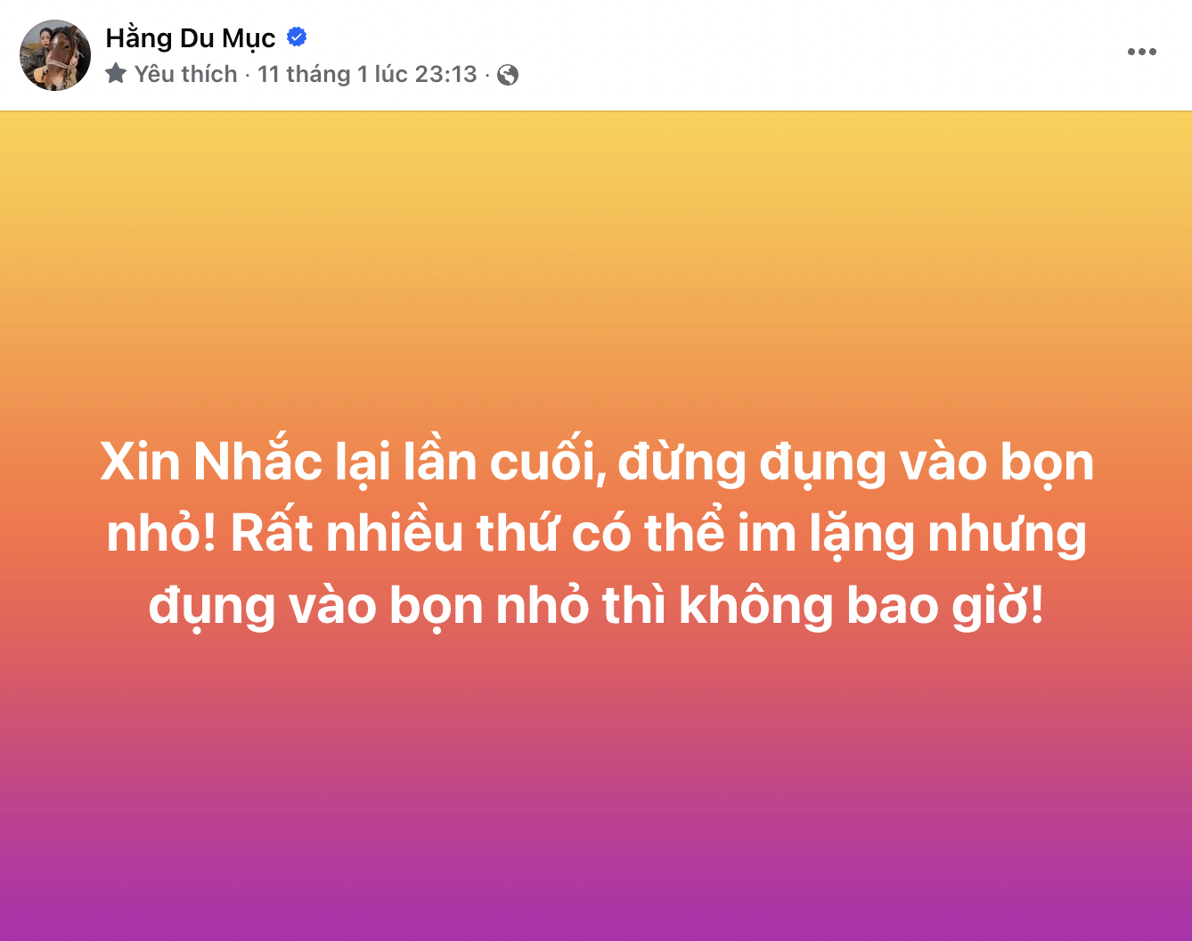 Bài đăng trên trang cá nhân Hằng Du Mục