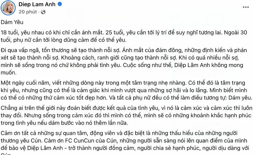 Diệp Lâm Anh viết tâm thư chia sẻ câu chuyện tình cảm cá nhân trên mạng xã hội