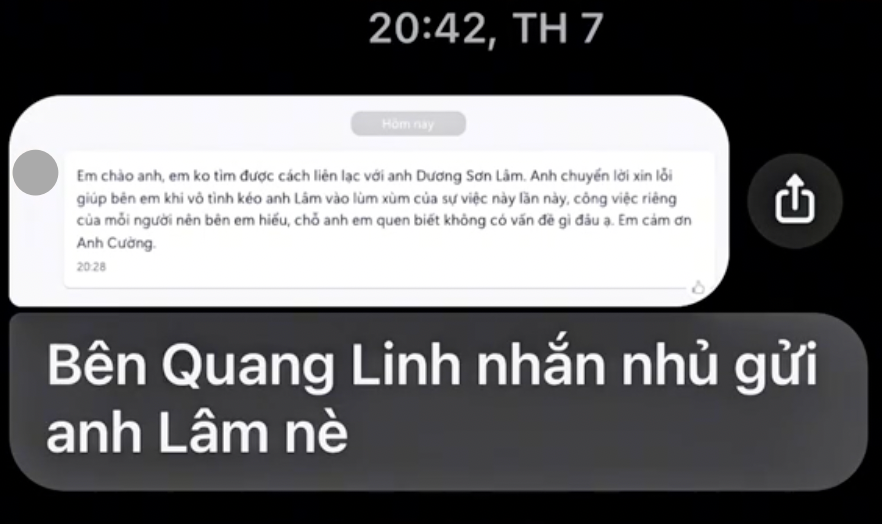 BTV Sơn Lâm công khai tin nhắn phía Quang Linh gửi cho mình