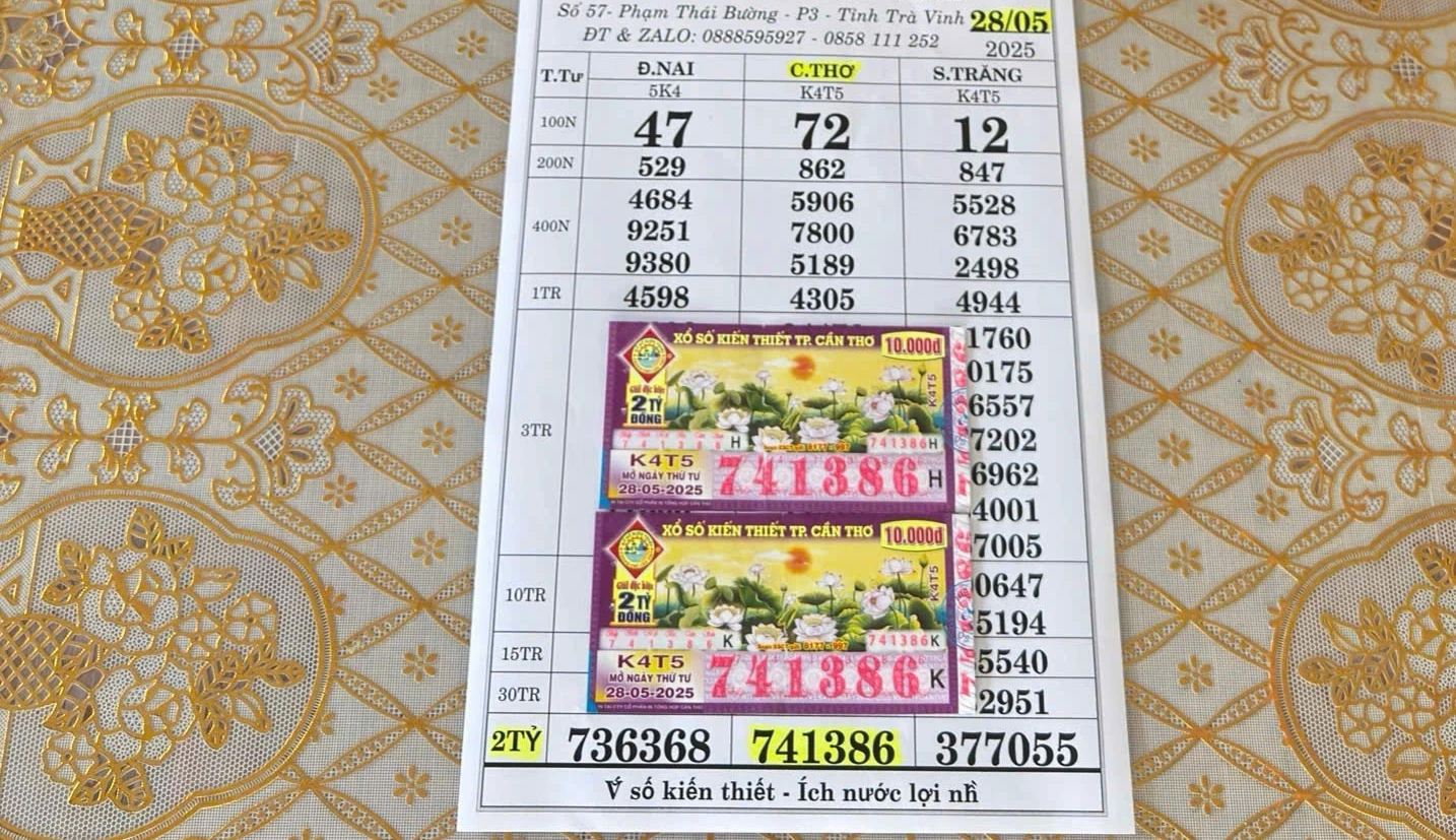 2 tờ vé số trúng độc đắc có dãy số 741386 của đài Cần Thơ mở thưởng ngày 28.5 ẢNH: NVCC