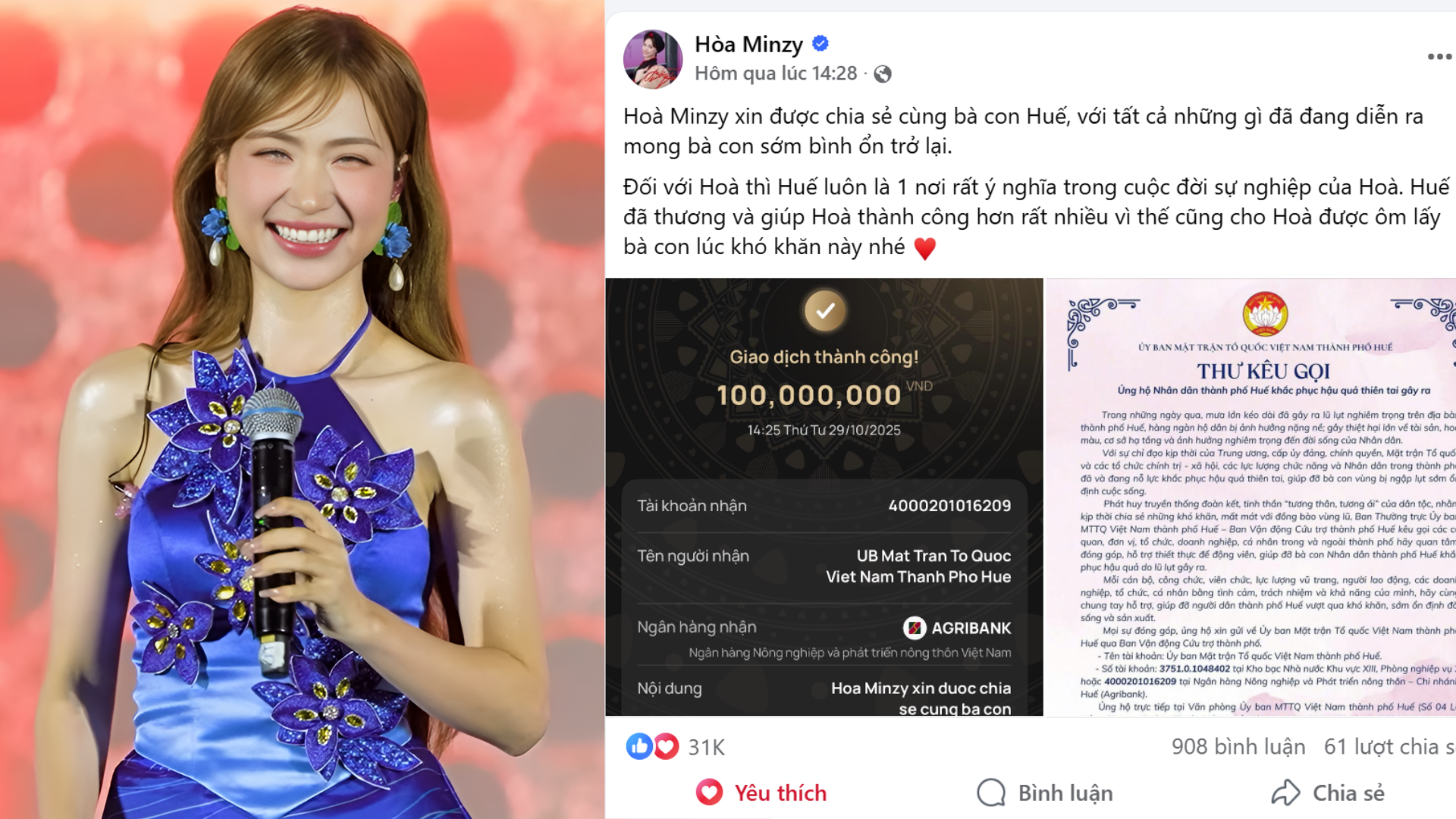 Hòa Minzy gửi yêu thương tới bà con vùng lũ trong những ngày khó khăn.