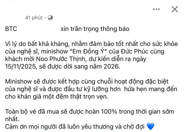 Thông báo tạm hoãn show có Noo Phước Thịnh - Đức Phúc