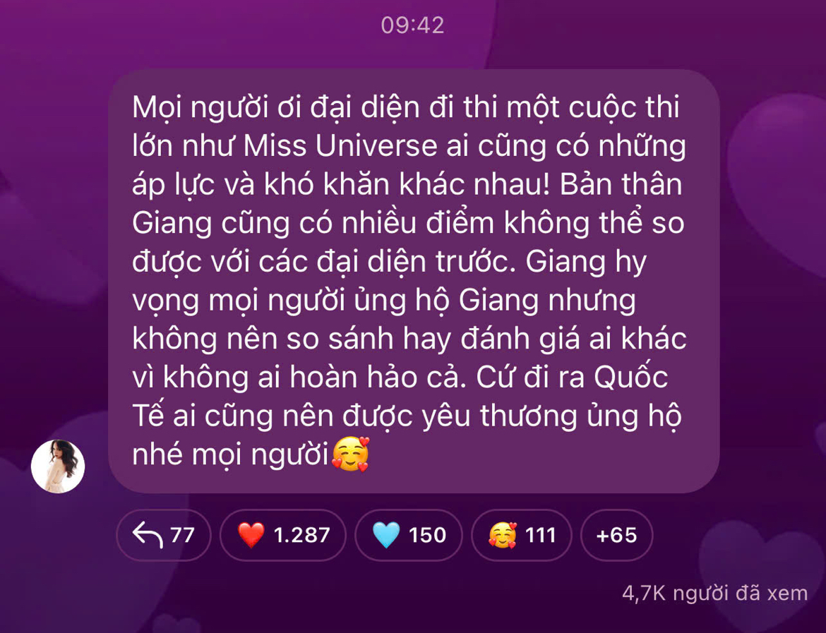 Trong group chat có hơn 18.000 thành viên, Hương Giang lên tiếng bày tỏ quan điểm khi netizen liên tục so sánh các đại diện Việt Nam đi thi đấu quốc tế