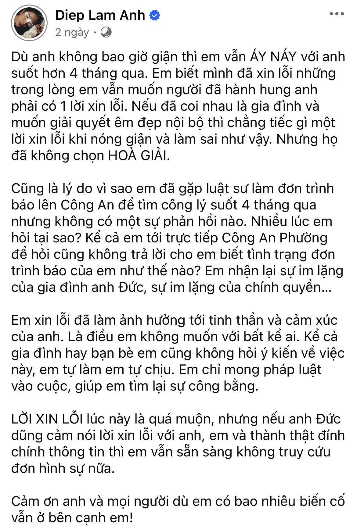 Diệp Lâm Anh gửi lời xin lỗi đến người anh thân thiết