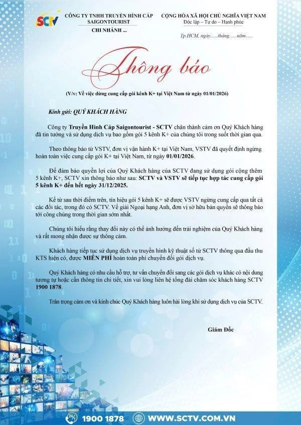 Thông báo từ phía SCTV cho biết đã ngừng hoàn toàn gói K+ tại Việt Nam từ năm 2026.