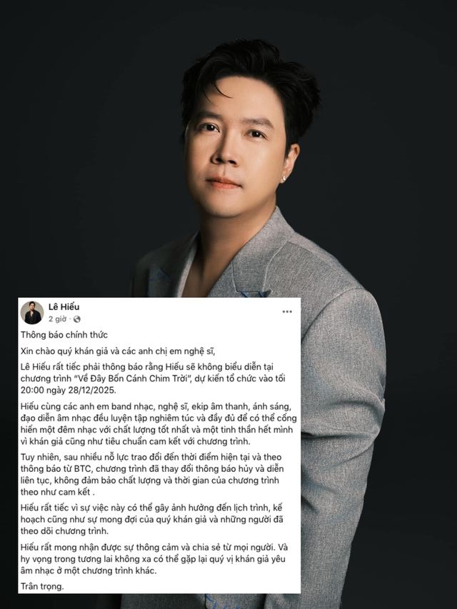Lê Hiếu thông báo vắng mặt tại show diễn Về đây bốn cánh chim trời (ảnh: FBNV)