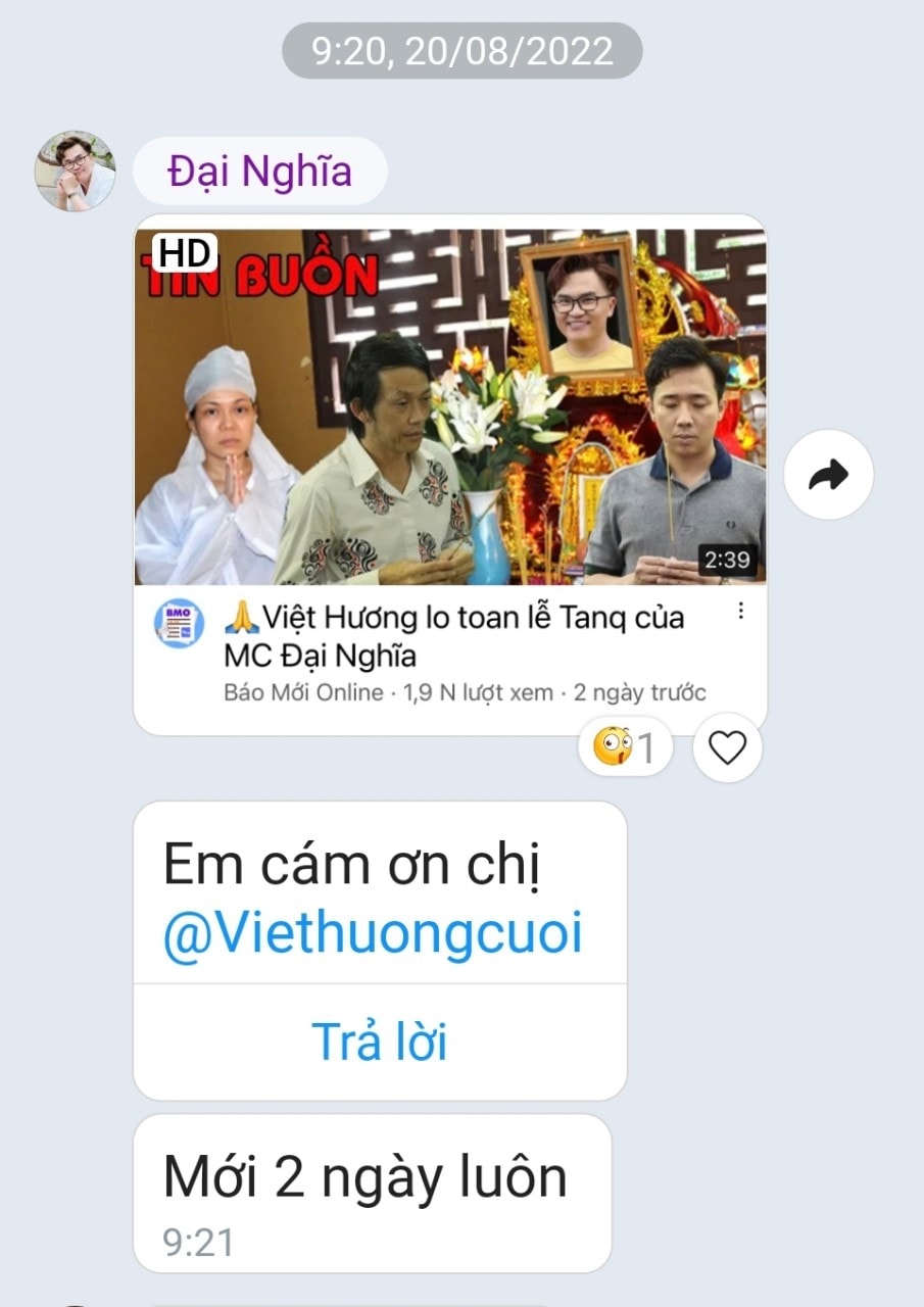 Đoạn tin nhắn của MC Đại Nghĩa và Việt Hương