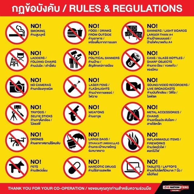 Bảng quy định những vật dụng cấm mang vào concert BLACKPINK tại Thái Lan