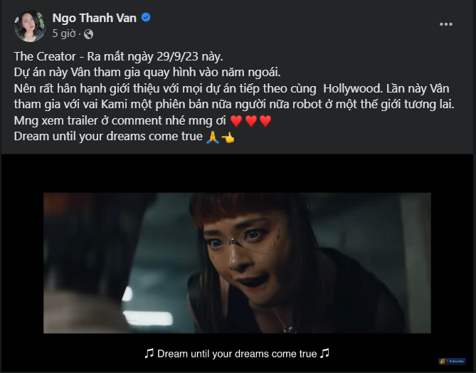 Mặc dù đã tham gia diễn xuất vào năm ngoái nhưng đến nay Ngô Thanh Vân mới có chia sẻ về dự án lần này cùng Hollywood. (Ảnh: chụp màn hình Facebook Ngo Thanh Van)