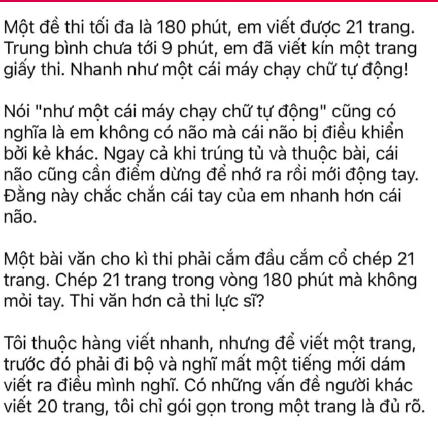 Bài viết của vị giáo sư dùng những từ ngữ nặng nề để phê bình về bài làm của em kèm cả hình ảnh của cô học sinh thủ khoa chuyên văn (Ảnh: chụp màn hình)