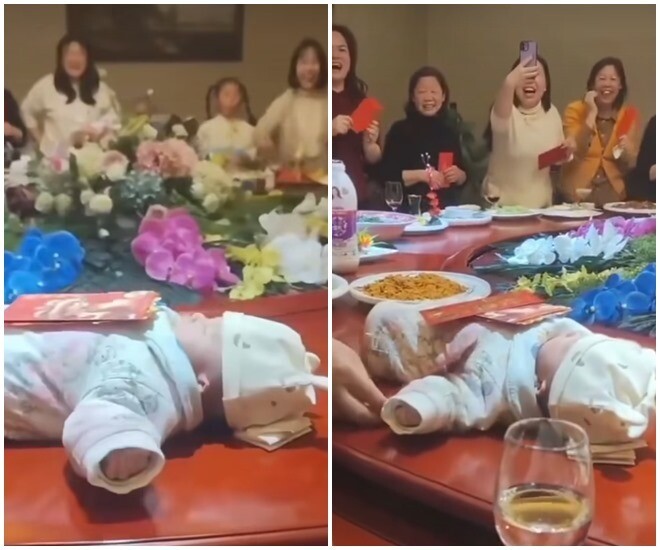 Cả nhà đặt bé sơ sinh lên bàn ăn rồi xoay tròn để lì xì, hành động sau đó gây bức xúc - ảnh 3