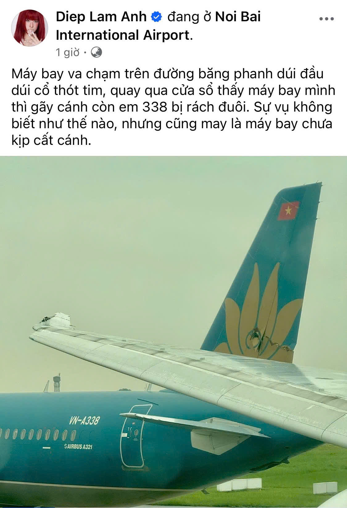 Diệp Lâm Anh đăng tải trạng thái trên mạng xã hội ngay sau khi gặp sự cố hàng không
