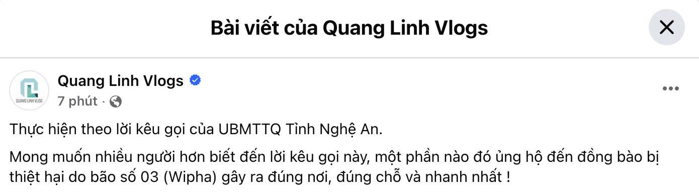 Bài đăng trên Facebook Quang Linh Vlogs (Ảnh chụp màn hình)