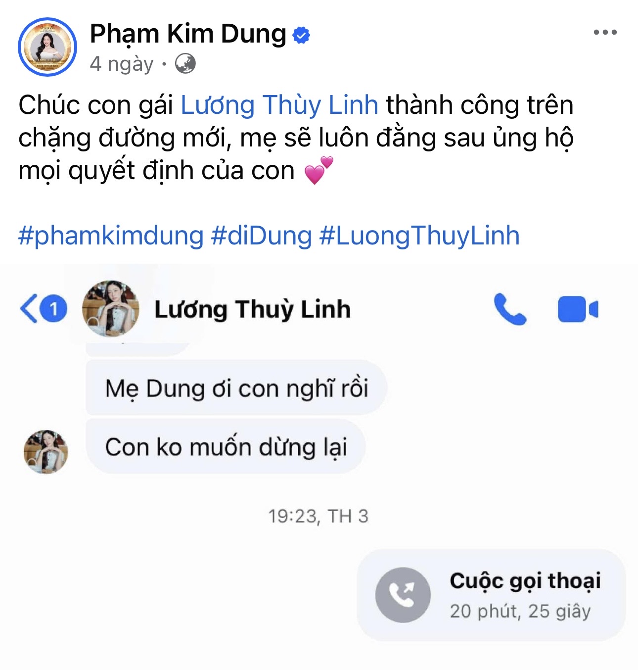 Đoạn tin nhắn của cô với 'Bà trùm Hoa hậu' Phạm Kim Dung cũng khiến netizen bán tín bán nghi