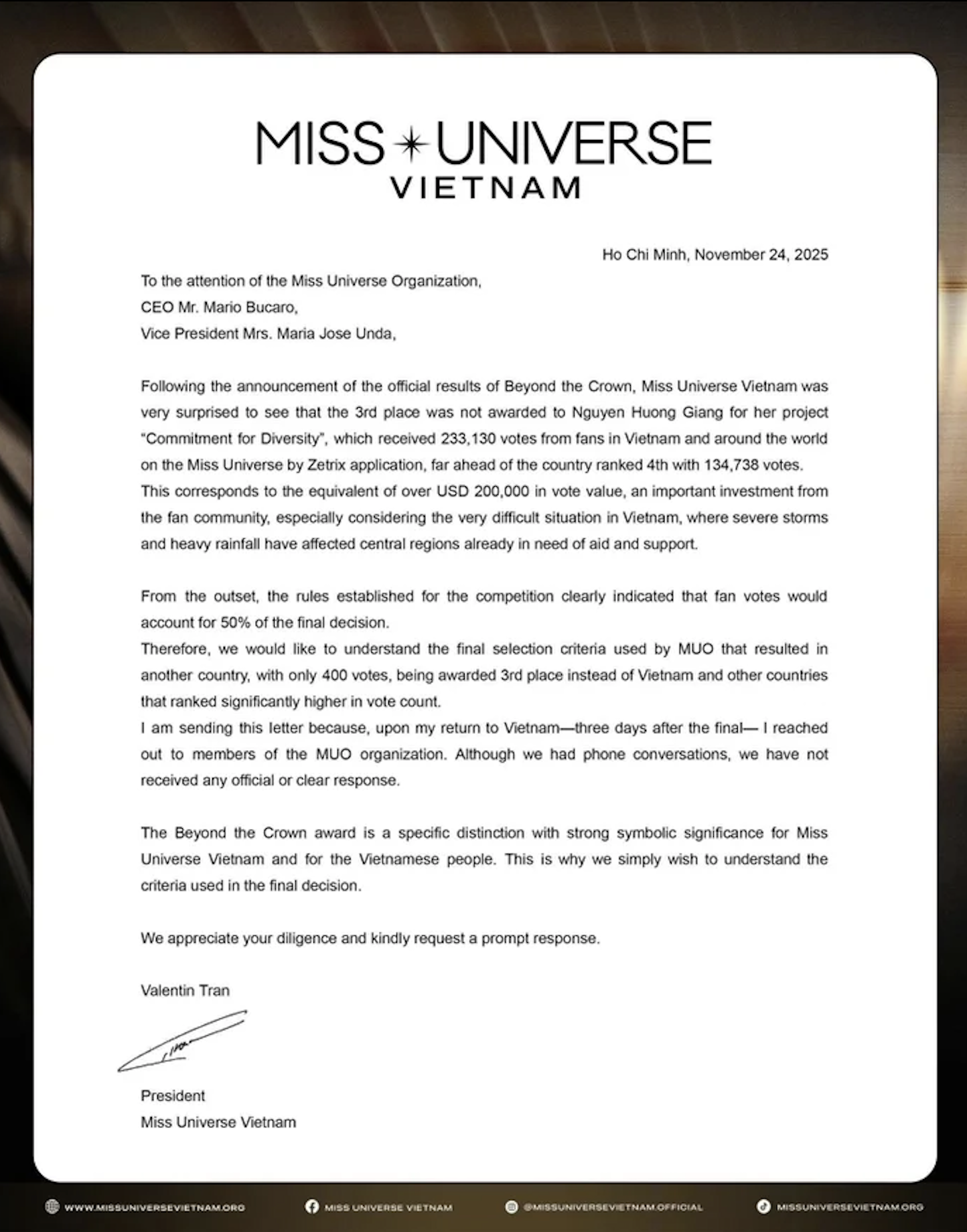 Miss Universe Việt Nam yêu cầu giải trình về kết quả gây tranh cãi của Hương Giang - ảnh 2