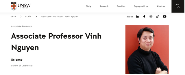 Thông tin của Thành Vinh trên web chính thức của trường UNSW.