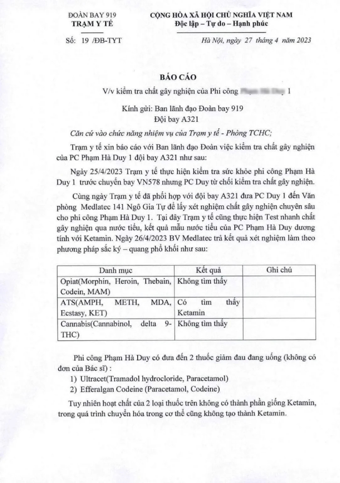 Văn bản của trạm y tế đoàn bay 919 báo cáo về việc kiểm tra chất gây nghiện của phi công P.H.D.