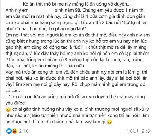 Bài viết chia sẻ chuyện ra mắt nhà người yêu, nhưng bị chê “kém sang” vì cô gái không ăn được thịt mỡ.