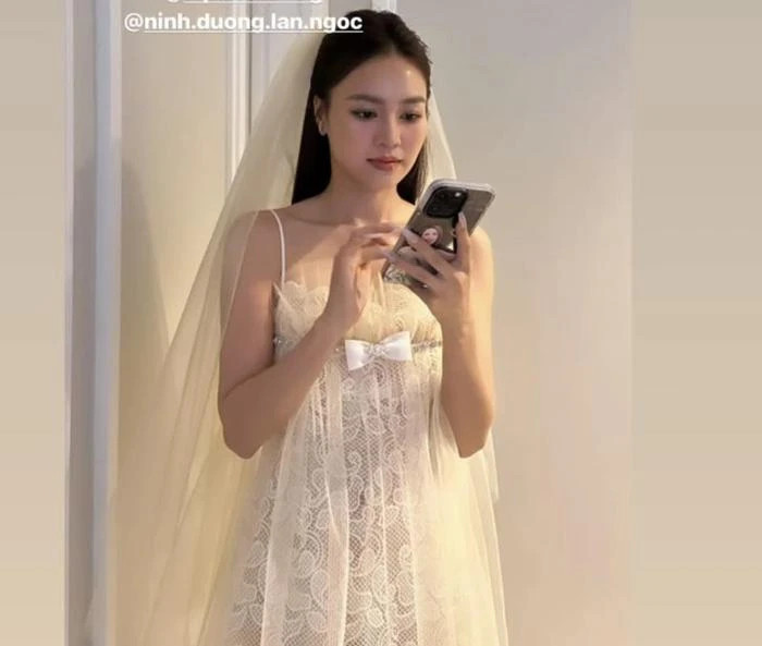 Ninh Dương Lan Ngọc lộ hình ảnh mặc váy cưới khiến netizen xôn xao.
