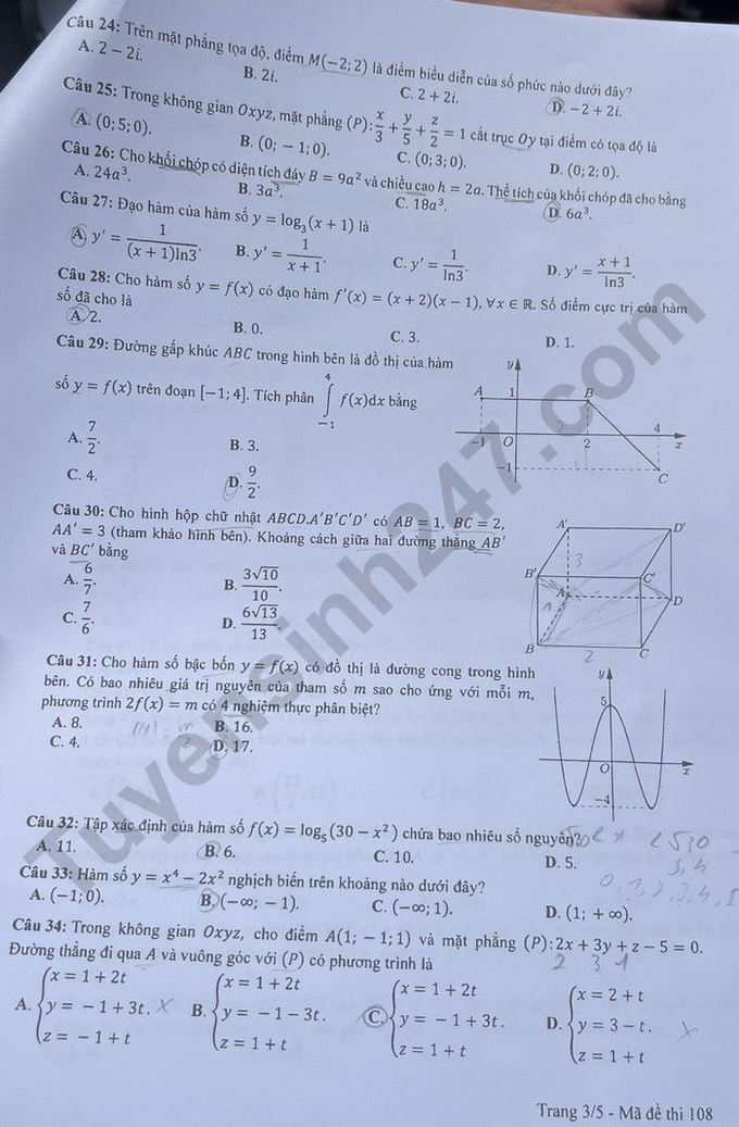 Gợi ý đáp án thi tốt nghiệp THPT 2023 môn Toán mã đề 108 - ảnh 3