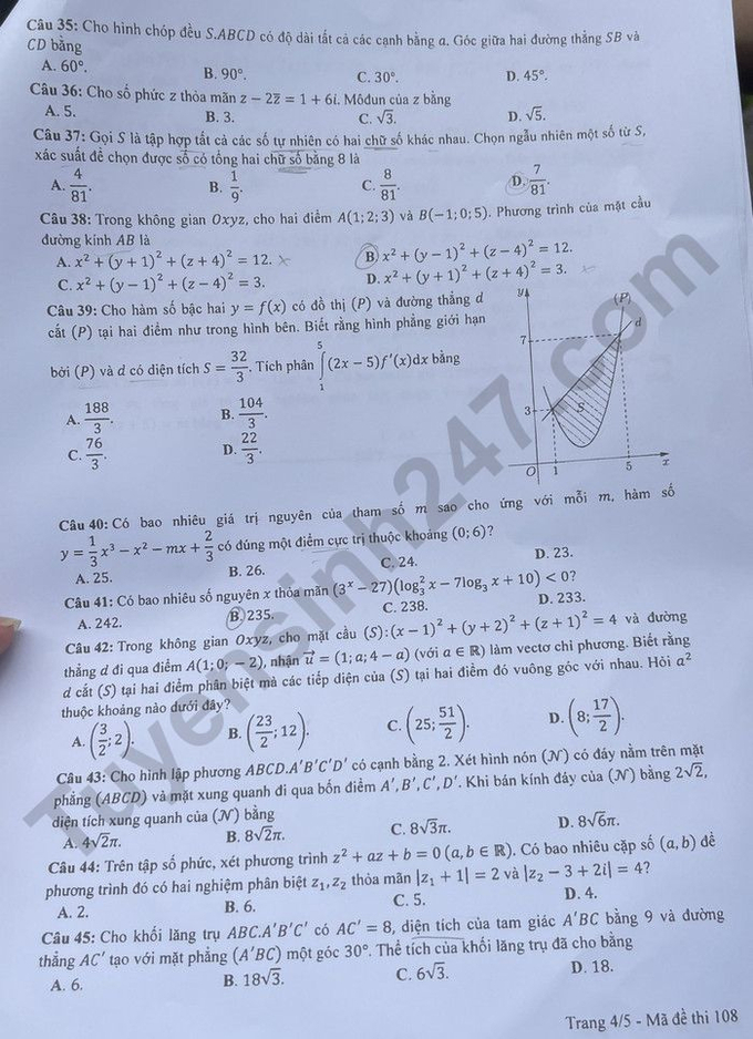 Gợi ý đáp án thi tốt nghiệp THPT 2023 môn Toán mã đề 108 - ảnh 5