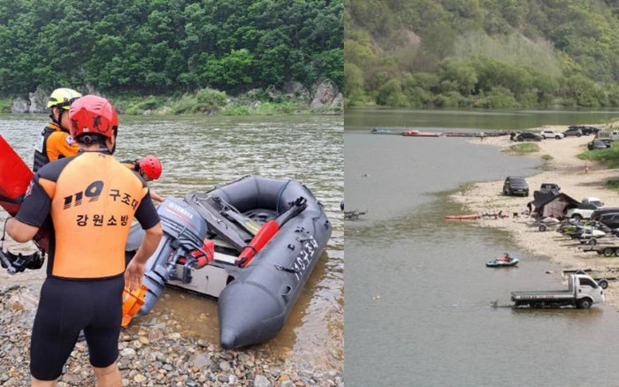 Hiện trường dòng sông Hongcheon, tỉnh Gangwon, Hàn Quốc, lực lượng chức năng tìm kiếm thi thể người phụ nữ