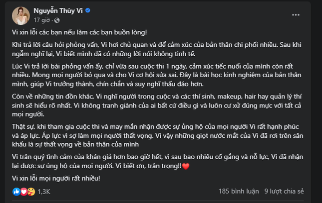 Sau Hoa hậu Ý Nhi, Nguyễn Thị Thùy Vi viết tâm thư xin lỗi về phát ngôn gây sốc