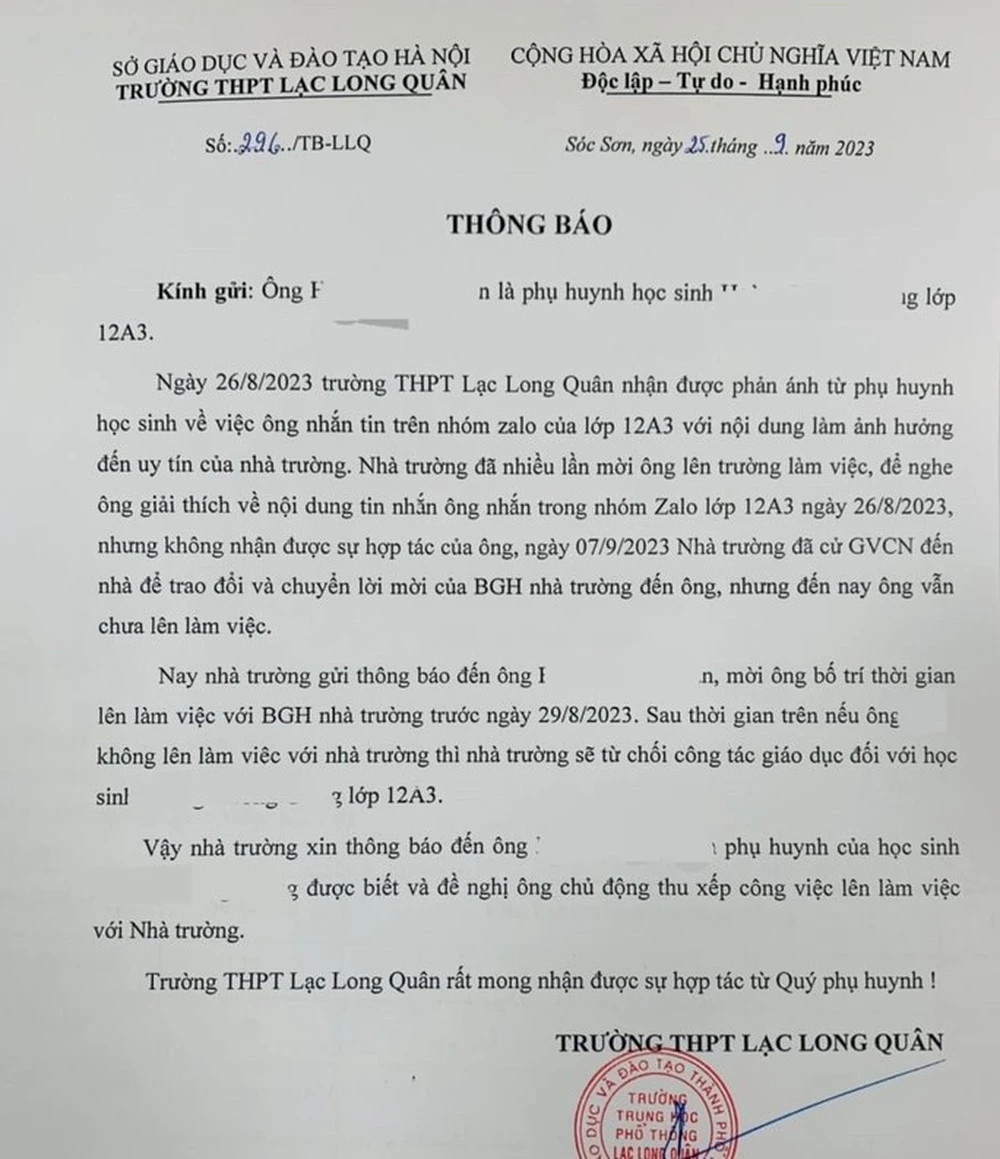 Tờ thông báo 'từ chối giáo dục' của Trường THPT Lạc Long Quân, huyện Sóc Sơn, Hà Nội khiến dư luận xôn xao