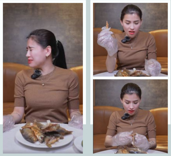 Biểu cảm của 'chiến thần' Hà Linh khi review món cá muối Nga làm tâm điểm. Ảnh chụp màn hình