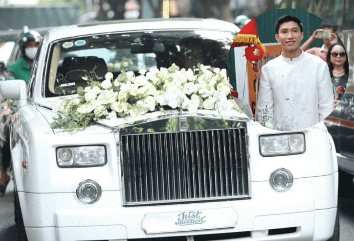 Chiếc xe Rolls Royce Phantom màu trắng là điểm nhấn của đoàn đón dâu trong đám cưới Đoàn Văn Hậu