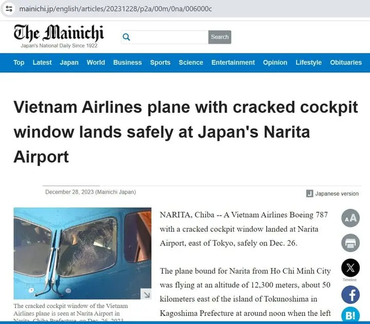 Báo Nhật Bản đưa tin chiếc máy bay Vietnam Airlines nứt kính buồng lái khi bay đến sân bay nước này