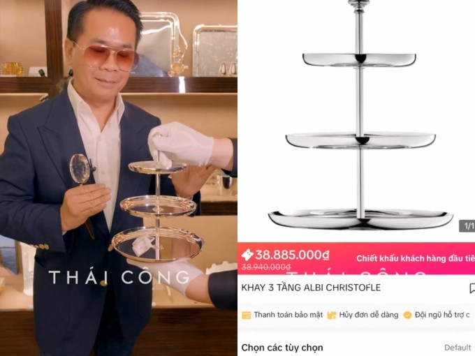 Thái Công giới thiệu shop đồ của mình, chiếc chân đựng bánh bằng bạc nhập từ Pháp có giá 38,9 triệu đồng