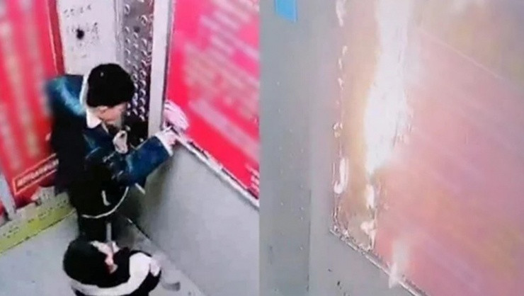 Hình ảnh bé trai đốt lửa trong thang máy gây cháy