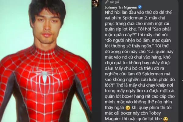 Johnny Trí Nguyễn mặc trang phục người nhện khi đóng thế cho nhân vật chính Spider-man trong phần phim Spider Man 2 (ra mắt năm 2003)